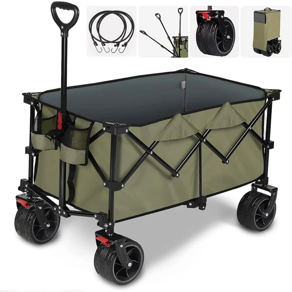 Camping Wagon Heavy Duty Folding Utility Garden Cart With Big All-Terrain Beach Wheels & Drink Holders Trolley Supplies Home