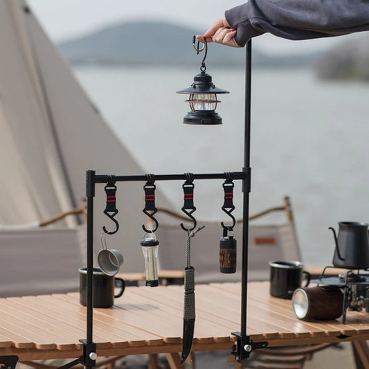 Camping Hanging Rack Camping Lamp Stand Holder Folding Camping Cookware Shelf with Hooks for Camping Fishing Picnics BBQ