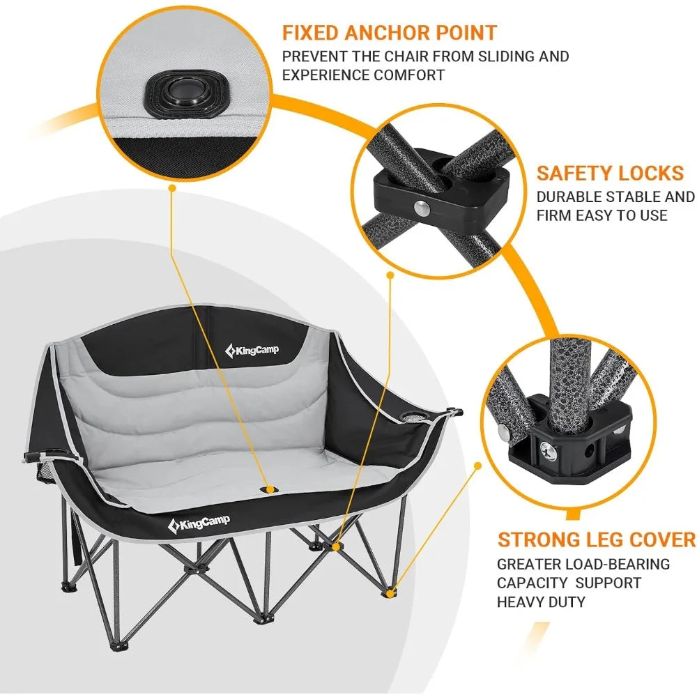 Double Camping Chair Oversized Loveseat Camping Couch Heavy Duty Outdoor Folding Chair with Cup Holder Wine Glass Holde