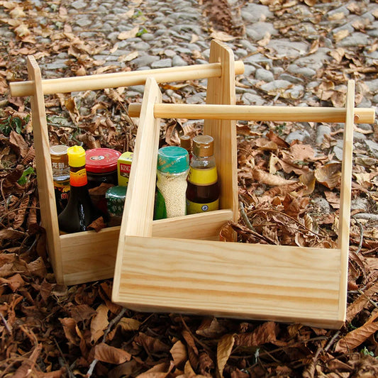 Outdoor Storage Portable Basket Solid Wood Spice Box Picnic BBQ Tableware Accessories Pine Wood Storage Case