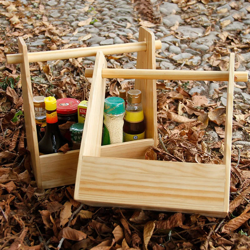 Outdoor Storage Portable Basket Solid Wood Spice Box Picnic BBQ Tableware Accessories Pine Wood Storage Case